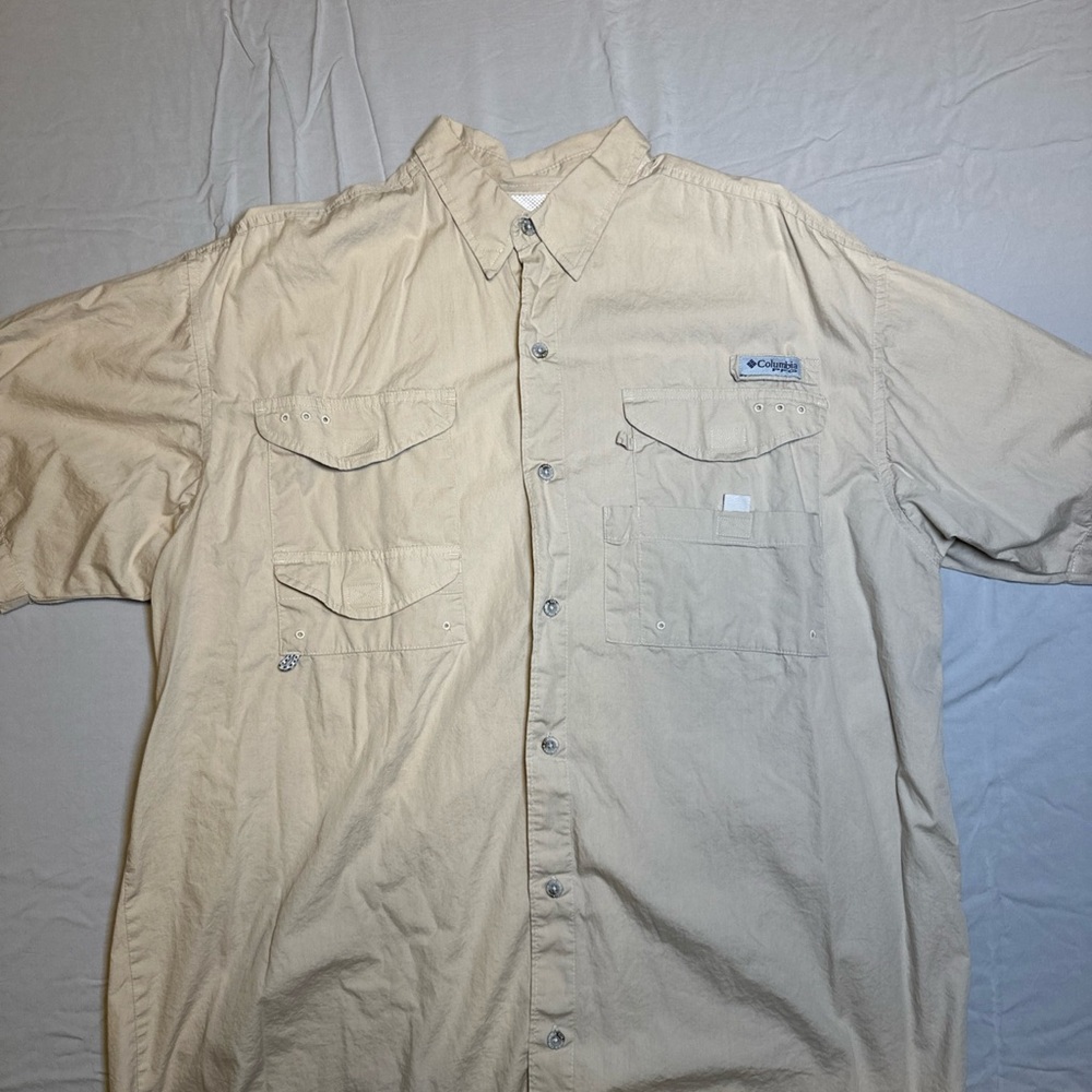 Columbia PFG Performance Fishing Short Sleeve Cotten Pocket Shirt Beige Large